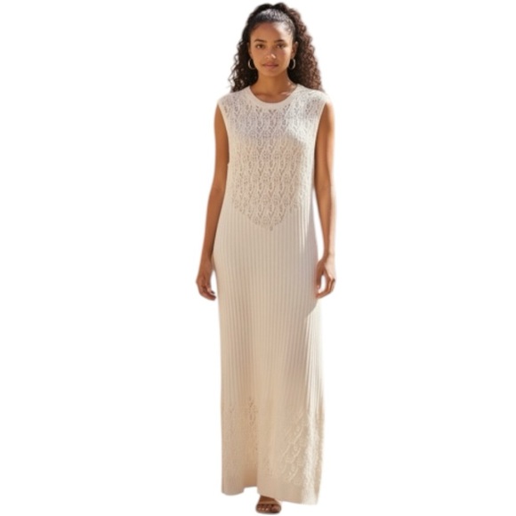 Zara Dresses & Skirts - Zara Cream Crochet Knit Maxi Dress Sz M Sleeveless Side Slit Minimalist Coatal